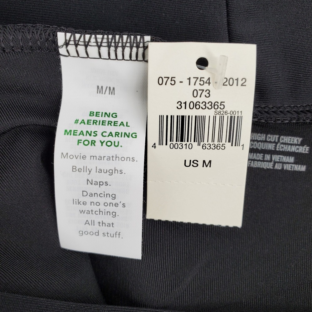 Aerie Womens Medium High Cut Cheeky Crossover Bikini Bottom Black Stretch Lined - Picture 4 of 10